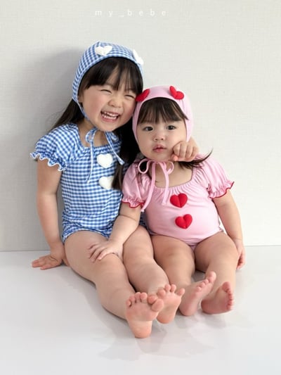 my_bebe03｜(75-105cm) 荷葉抓皺愛心泳衣含泳帽9