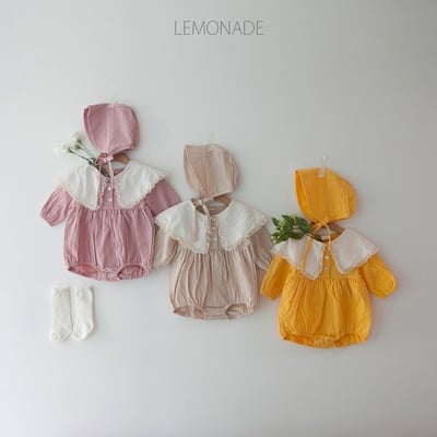 LEMONADE43｜(55cm-85cm) 3色蕾絲花邊翻領包屁衣含帽子1