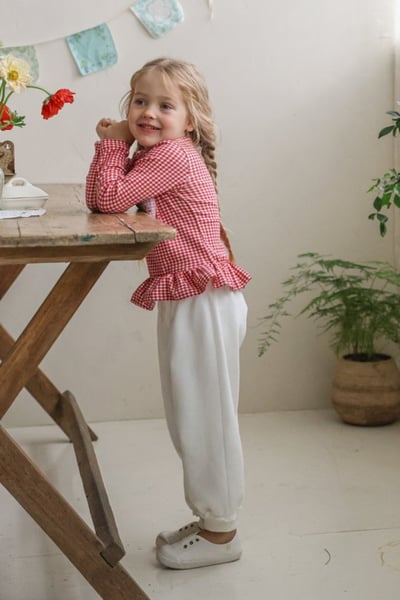 FLO46｜(75-140) 3色格紋蘋果花布荷葉邊上衣17