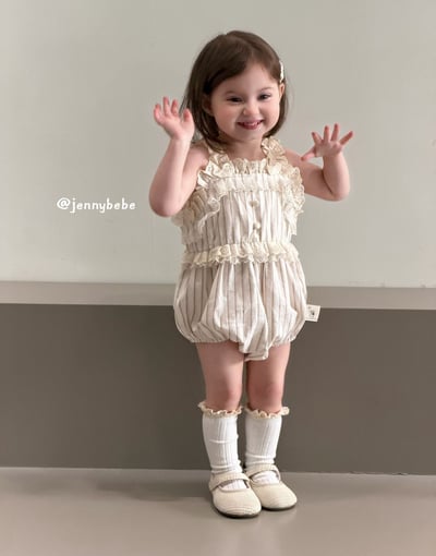 JE691｜(66-90cm)  蕾絲花邊條紋無袖包屁衣3