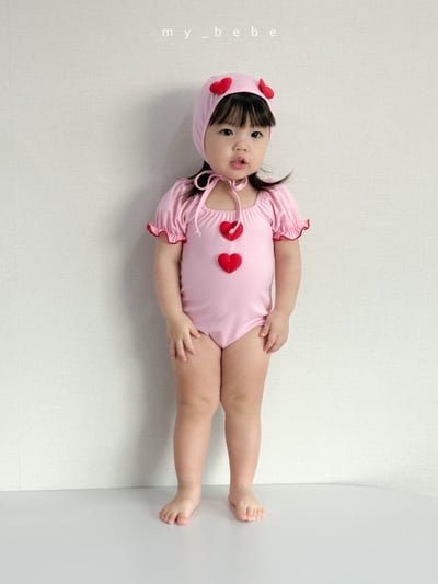 my_bebe03｜(75-105cm) 荷葉抓皺愛心泳衣含泳帽18