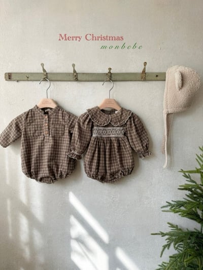 MONBEBE55｜(3m-24m) 荷葉領縮口袖格紋包屁衣6