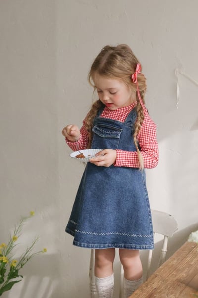 FLO46｜(75-140) 3色格紋蘋果花布荷葉邊上衣20