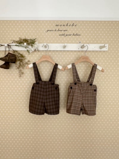 MONBEBE32｜(1y-8y) 排釦格紋吊帶褲1