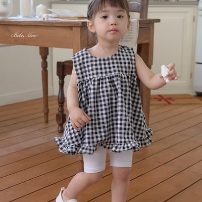 bebe nine14  (65cm-115cm) 3色格子摺邊雪紡衫1