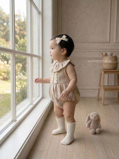 Mon petit09｜(66-90cm) 法式格紋蕾絲花邊包屁衣9