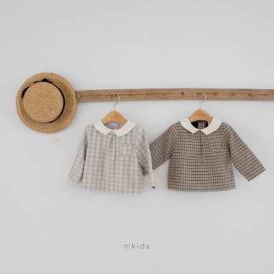 M-KIDS33｜(65-115cm) 2色格紋圓領抓皺襯衫1