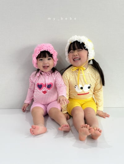 my_bebe05｜(75-105cm) 格紋長袖泳衣/花邊泳帽10