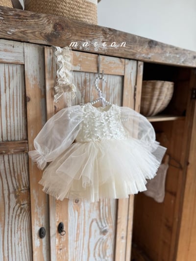 Marron57｜(3m-18m) 絲帶薄紗澎澎洋裝包屁衣1