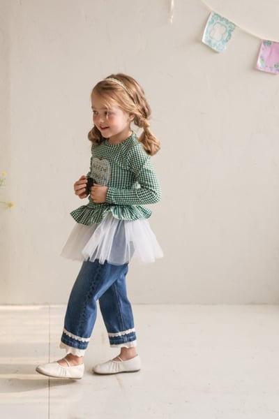 FLO46｜(75-140) 3色格紋蘋果花布荷葉邊上衣9