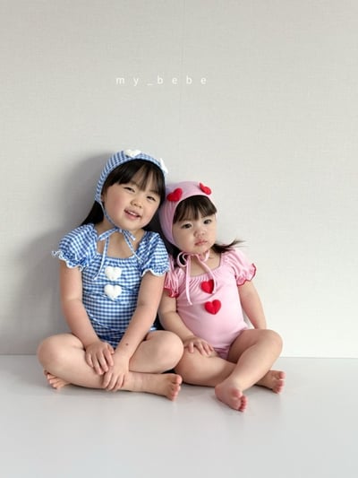 my_bebe03｜(75-105cm) 荷葉抓皺愛心泳衣含泳帽10