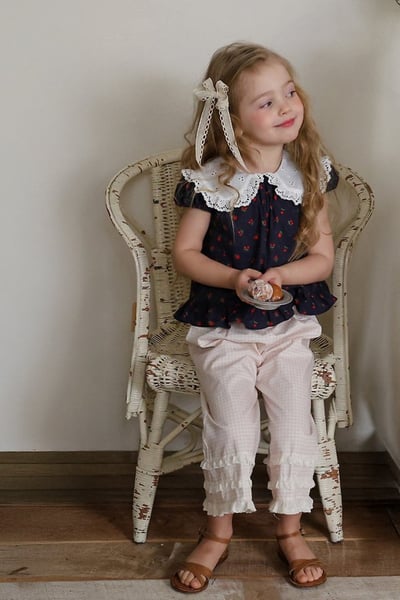 FLO39｜(75-140) 蕾絲翻領碎花公主袖上衣9