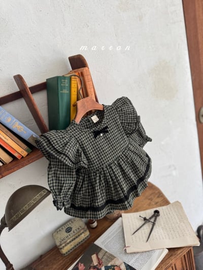 Marron 40｜(3m-18m) 法式荷葉袖格紋層次裙包屁衣6