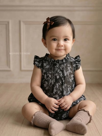 Mon petit02｜(66-90cm) 摺線墨花包屁衣3