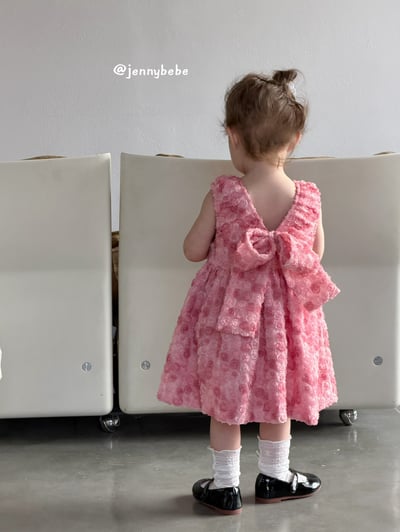 JE726｜(80-130cm) 粉嫩玫瑰花綁帶蓬蓬洋裝1