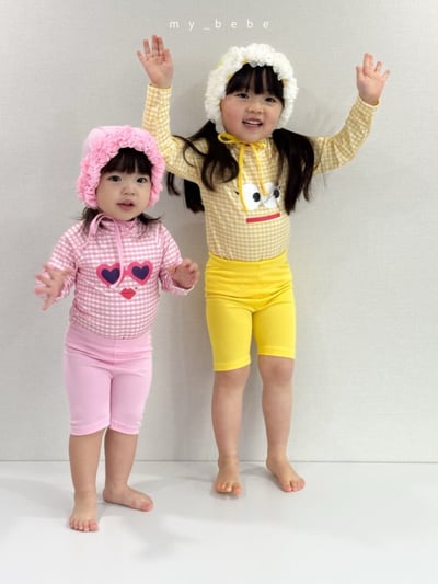 my_bebe05｜(75-105cm) 格紋長袖泳衣/花邊泳帽15
