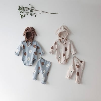 LEMONADE46｜(55cm-85cm) 2色小熊包屁衣長褲含帽子1