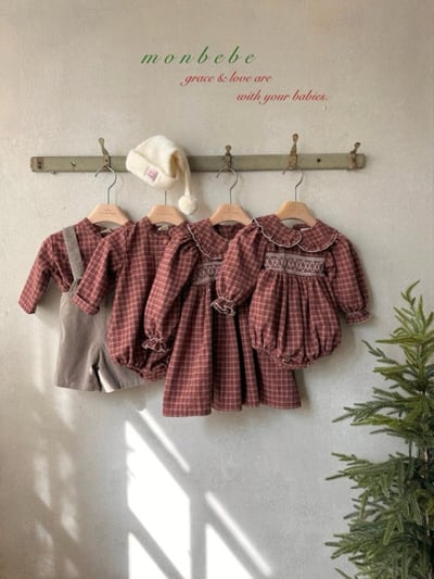 MONBEBE54｜(3m-12m) 立領格紋包屁衣4