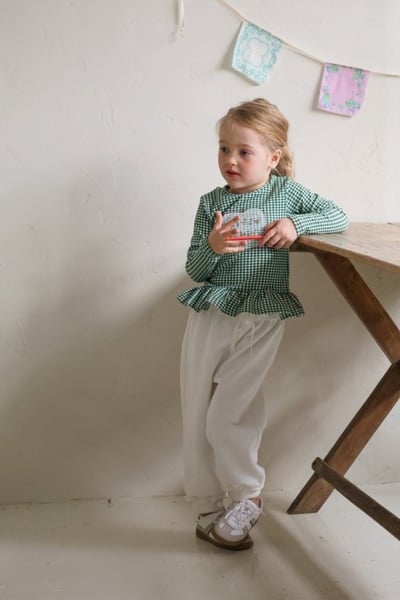 FLO46｜(75-140) 3色格紋蘋果花布荷葉邊上衣7