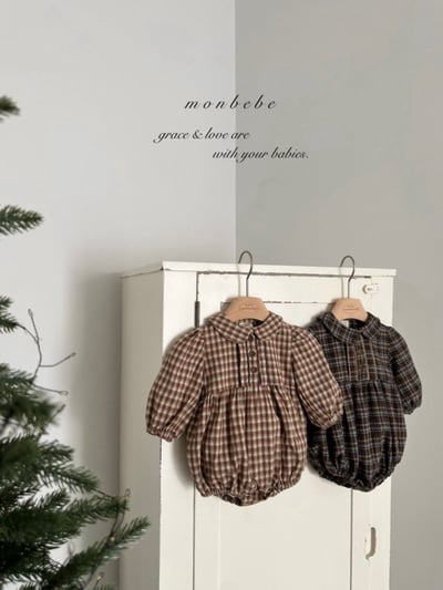MONBEBE22｜(3m-24m) 冬季格紋滾邊包屁衣1