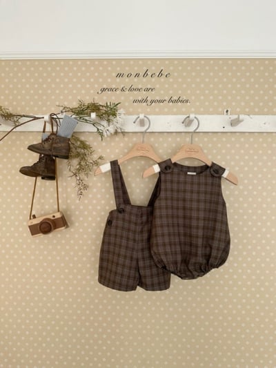 MONBEBE32｜(1y-8y) 排釦格紋吊帶褲10