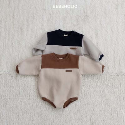 Bebe holic48｜(3m-18m) 拼接色內刷毛包屁衣3