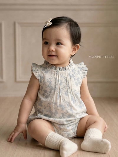 Mon petit02｜(66-90cm) 摺線墨花包屁衣10