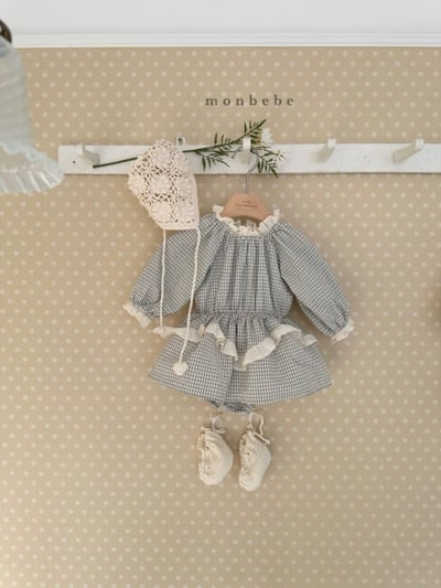 MONBEBE39｜(3m-24m) 格紋蕾絲滾邊洋裝包屁衣10