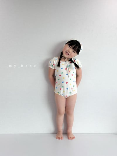 my_bebe02｜(75-105cm) 抓皺小花愛心泳衣含泳帽14