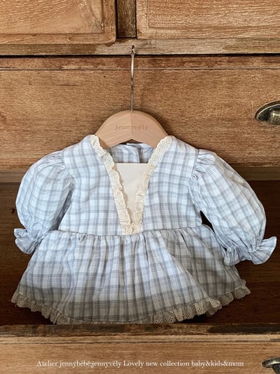 JE547｜(66-90cm) 藍色格紋花邊包屁衣3