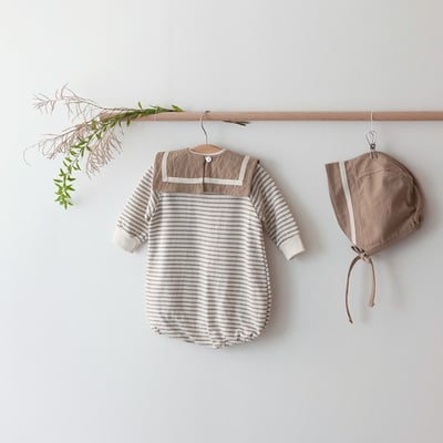 LEMONADE28｜(55cm-85cm) 2色條紋棉質包屁衣含帽子圍兜6