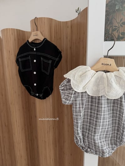 Bloom.b05｜(0m-18m) 格紋蕾絲花領包屁衣2