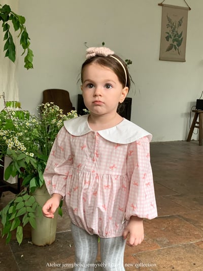 JE525｜(66-90cm) 粉嫩蝴蝶結格紋包屁衣4