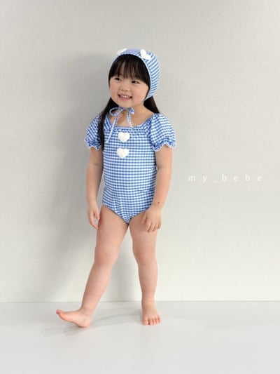 my_bebe03｜(75-105cm) 荷葉抓皺愛心泳衣含泳帽11