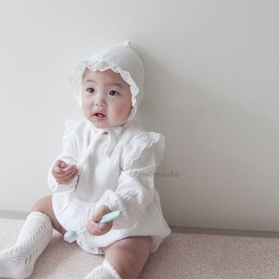 LEMONADE53｜(55cm-85cm) 2色飛袖蕾絲包屁衣含帽子2