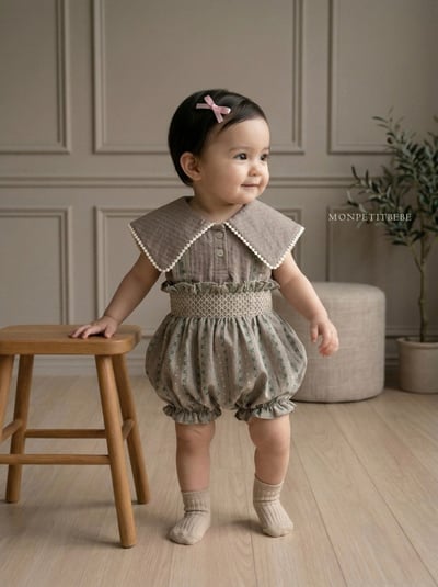 Mon petit08｜(66-90cm) 抓皺壓花吊帶包屁衣2