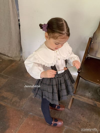 JE562｜(73-100cm) 蕾絲大翻領襯衫/格紋(可拆)吊帶包屁裙11