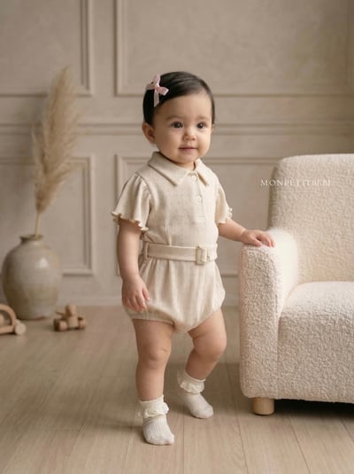 Mon petit07｜(66-90cm) 有領捲邊腰帶包屁衣9