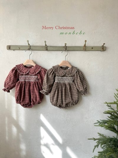 MONBEBE55｜(3m-24m) 荷葉領縮口袖格紋包屁衣9