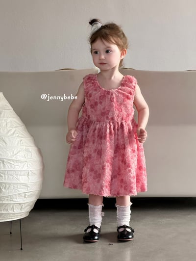 JE726｜(80-130cm) 粉嫩玫瑰花綁帶蓬蓬洋裝3