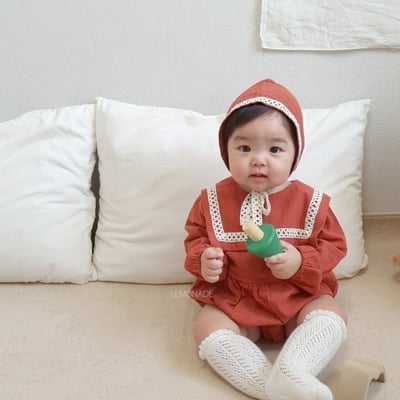 LEMONADE21｜(55cm-85cm) 2色滾邊翻領包屁衣含帽子12