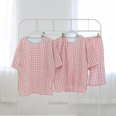 LIME&BLUE32｜(55-118cm MOM-DAD)  格紋親子套裝4