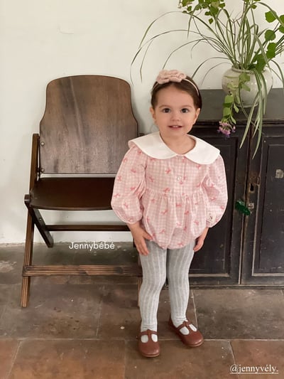 JE525｜(66-90cm) 粉嫩蝴蝶結格紋包屁衣14