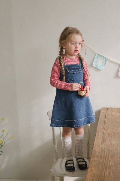 FLO46｜(75-140) 3色格紋蘋果花布荷葉邊上衣15