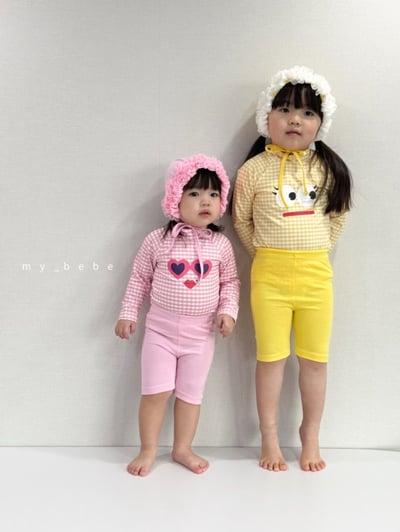 my_bebe05｜(75-105cm) 格紋長袖泳衣/花邊泳帽12