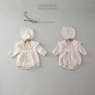 LEMONADE37｜(55cm-85cm) 2色玫瑰碎花翻領包屁衣含帽子1