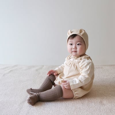 LEMONADE01｜(55cm-85cm) 2色格紋肩帶包屁衣含小熊帽子4