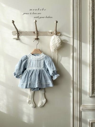 MONBEBE01｜(3m-24m) 蕾絲滾邊緞帶洋裝包屁衣4