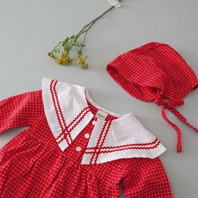 LEMONADE40｜(55cm-85cm) 2色格紋翻領包屁衣含帽子7