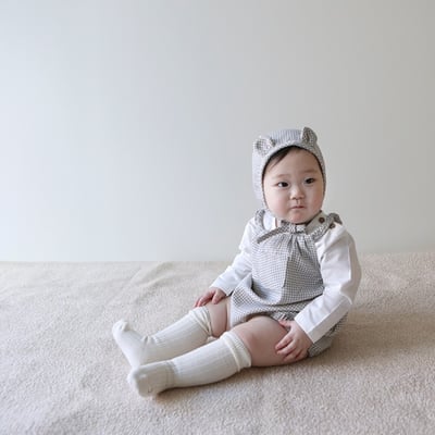 LEMONADE01｜(55cm-85cm) 2色格紋肩帶包屁衣含小熊帽子3